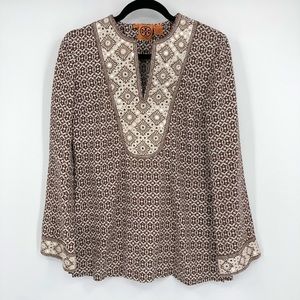 Tory Burch 6 Embellished Tunic Top Linen Print